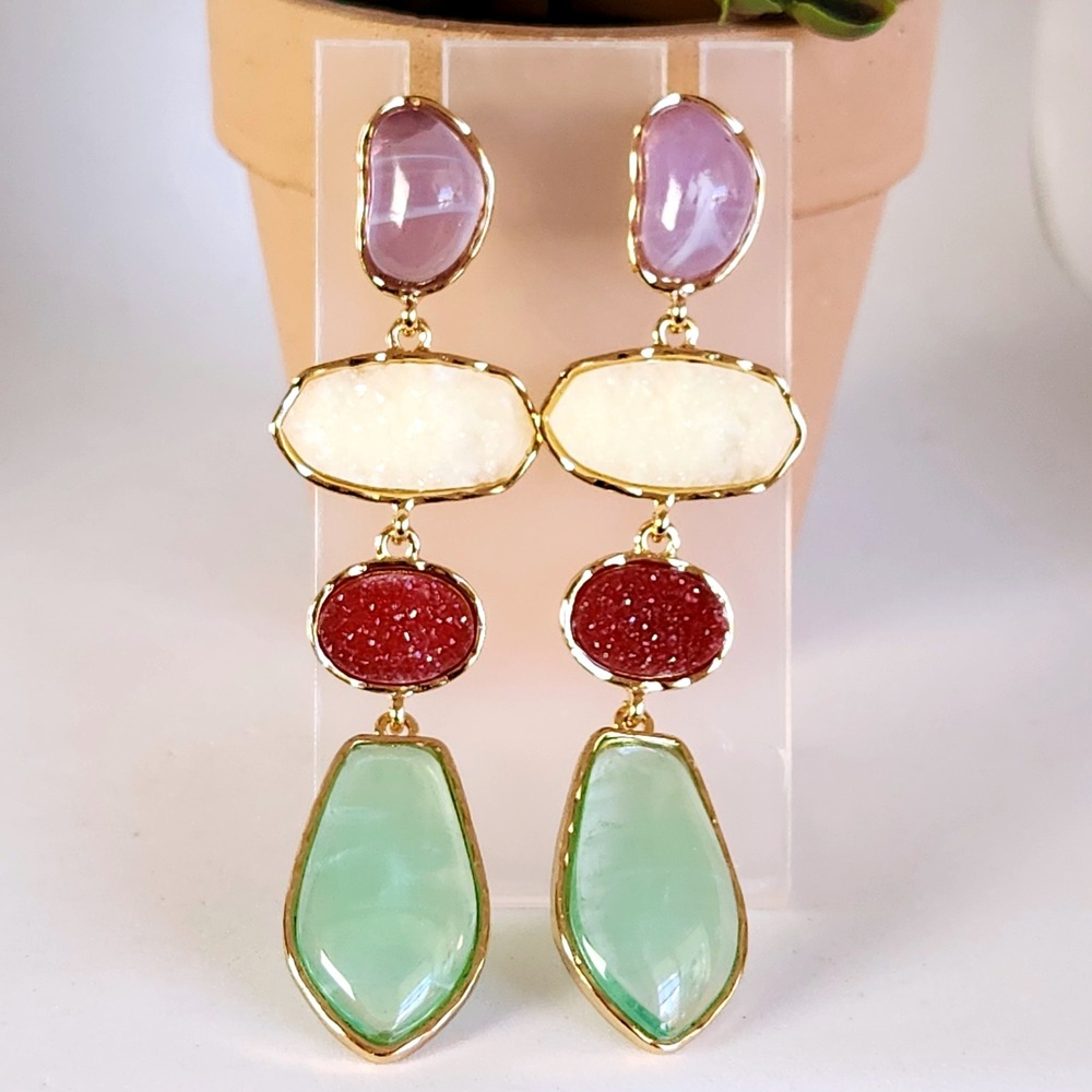Multi Color Faux Druzy Resin Drop Statement Earrings Gold Tone 3.25 Inch Dangle
